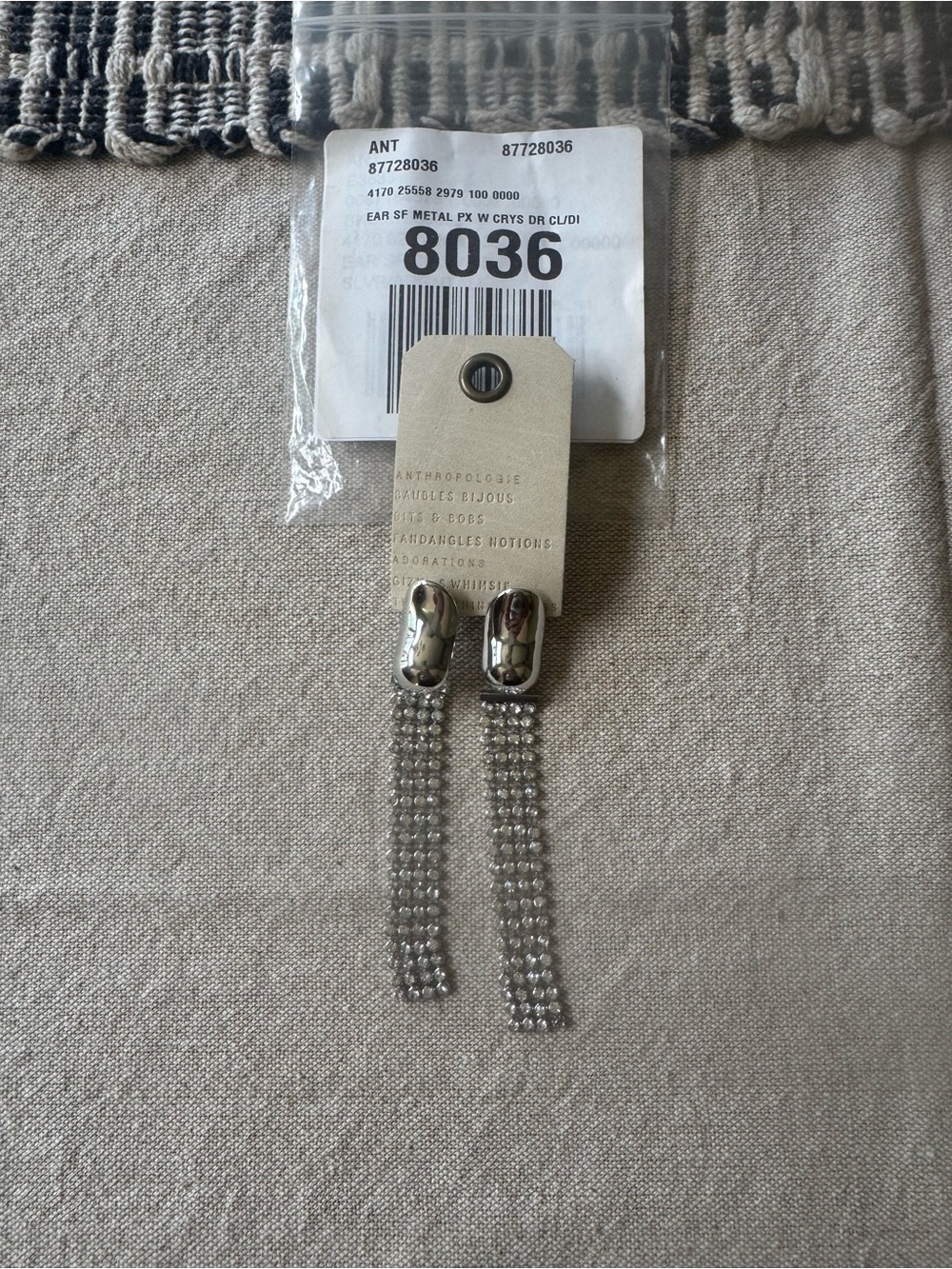 Anthropologie Silver Crystal Chain Tassel Earrings